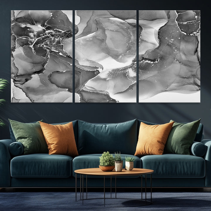 Black White Abstract Canvas Wall Art - Fluid Ink Artwork - Modern Luxury Wall Decor for Contemporary Interiors