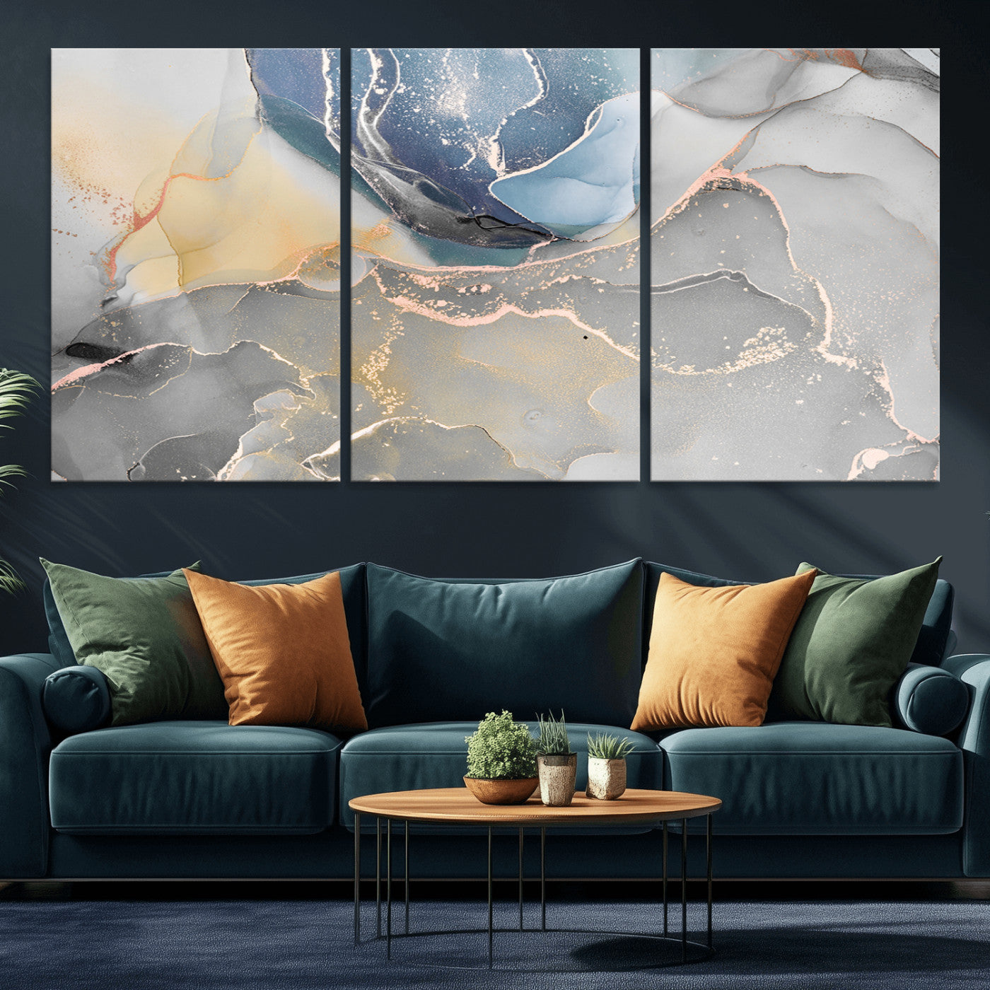 MGV-CV-60X30-3P - Large Abstract Blue and Gold Canvas Wall Art | Fluid Ink Artwork Print | Luxury Wall Decor for