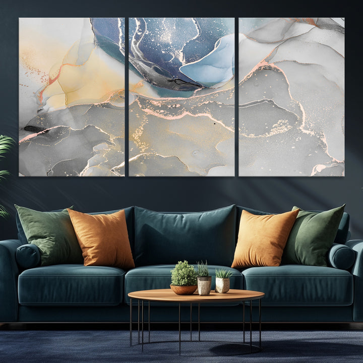 Large Abstract Blue and Gold Canvas Wall Art | Fluid Ink Artwork Print | Luxury Wall Decor for Contemporary Interiors | Framed Blue and Gold