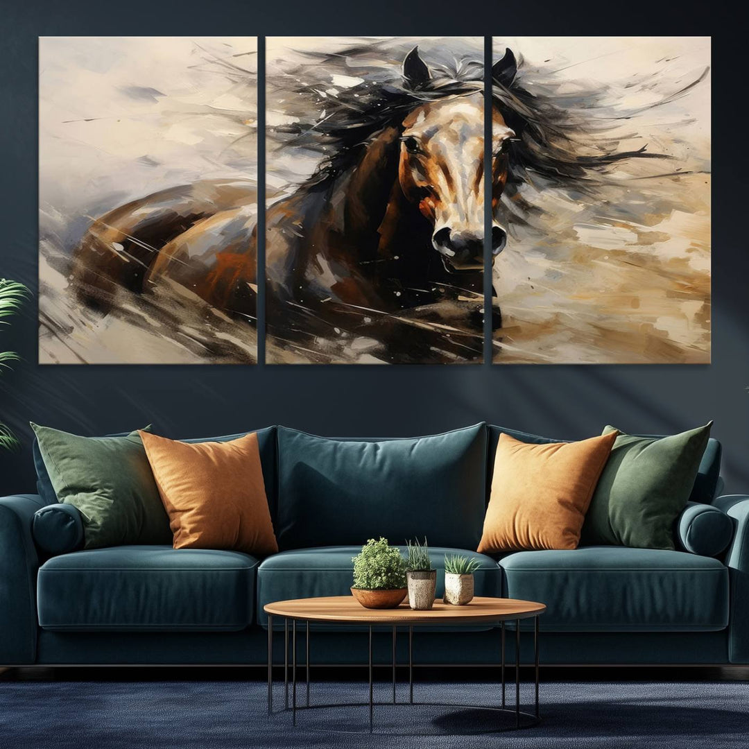 The Abstract Wall Art Horse Print adds rustic charm.