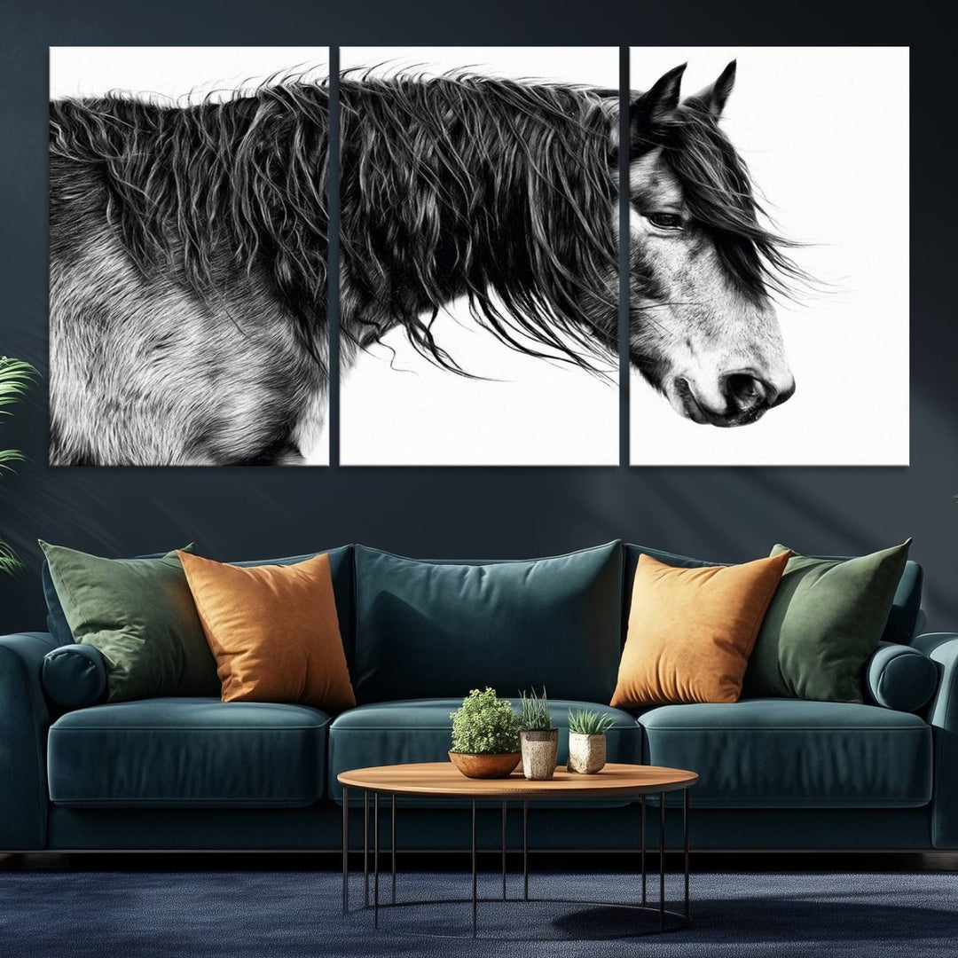 Black Horse Wall Art Canvas Print for farmhouse decor on the kitchen wall.