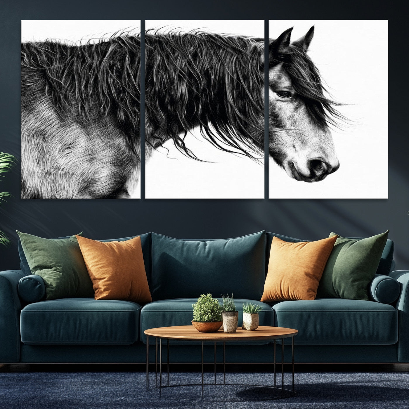 A stunning black-and-white portrait of a horse with a flowing mane, captured in dramatic detail and emotion.