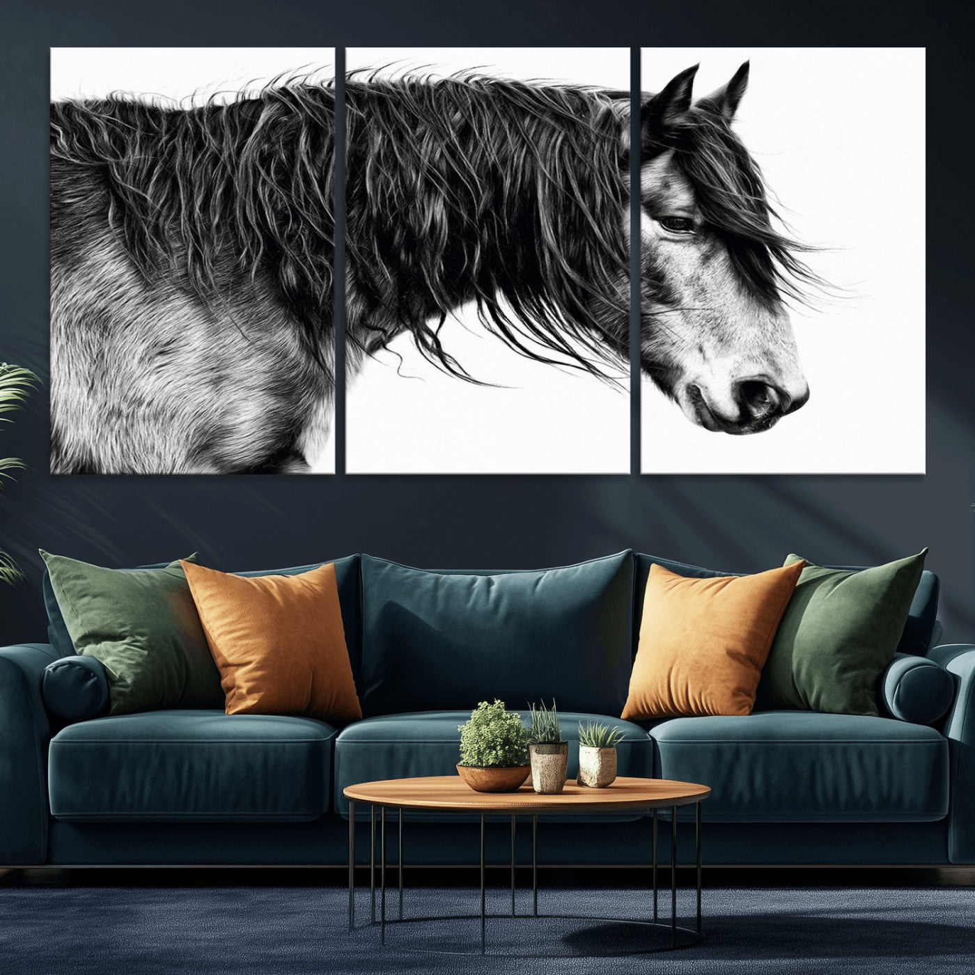 MGV-CV-60X30-3P - Black Horse Wall Art Canvas Print for Farmhouse Decor and Woodland Decoration
