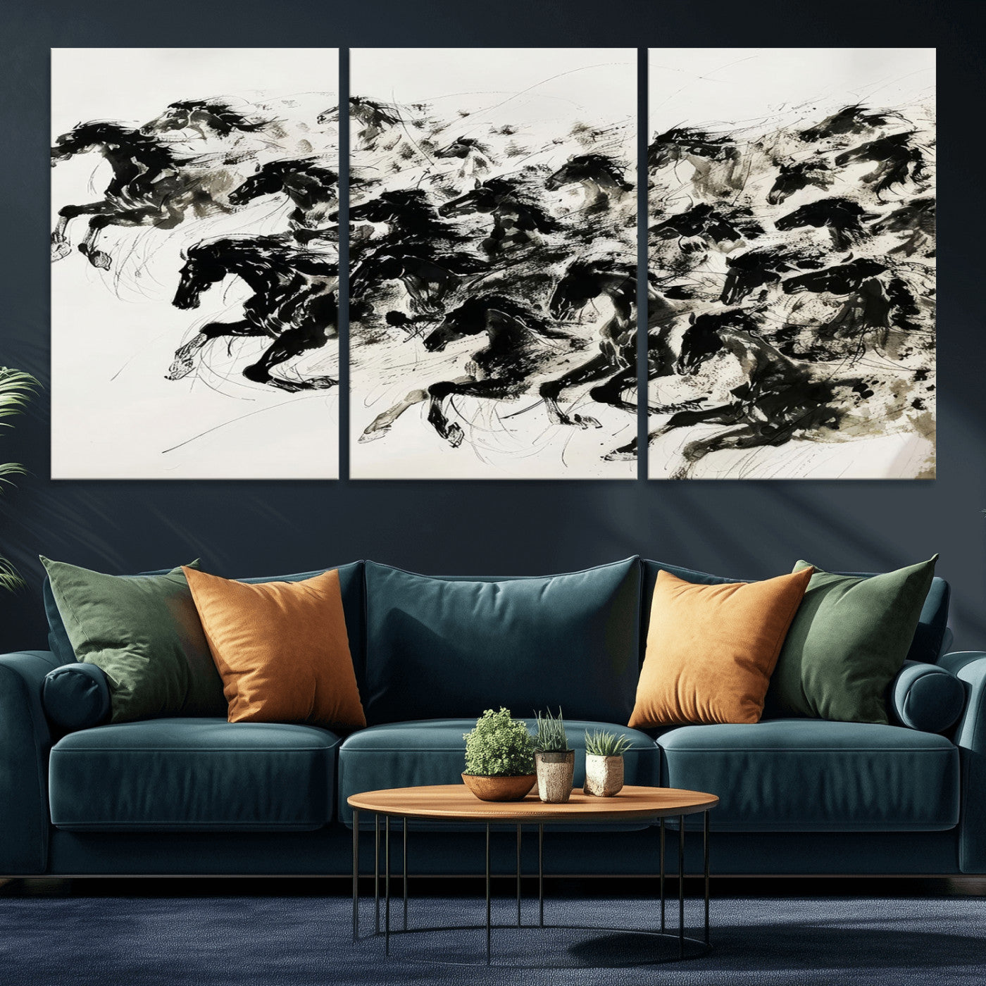 MGV-CV-60X30-3P - Abstract Horse Wall Art Canvas Print - Dynamic Black Ink Horse Print - Modern Equine Wall Decor for