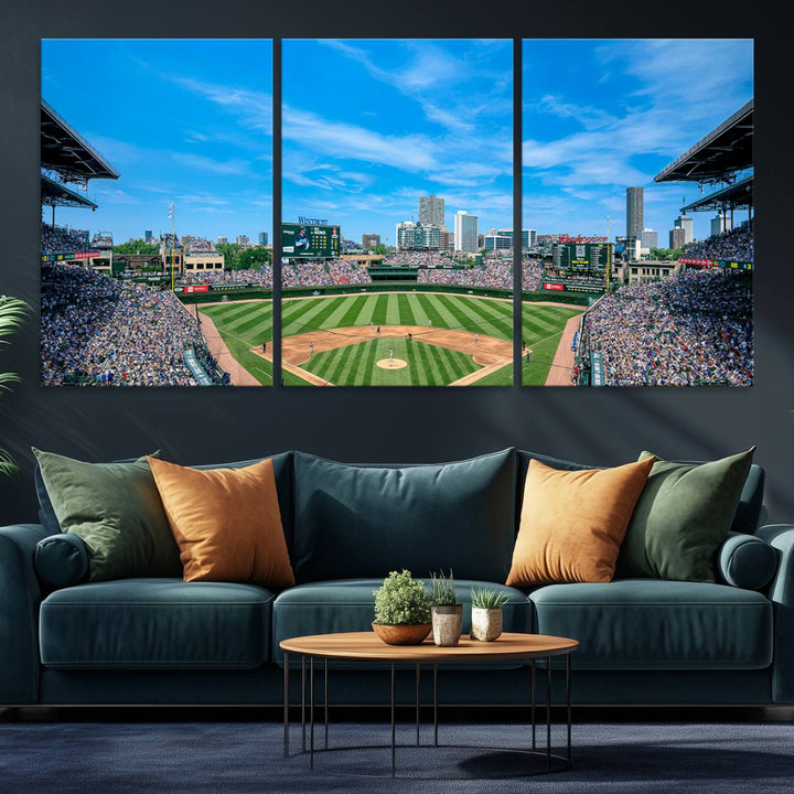 The Wrigley Field Chicago Cubs canvas art, depicting the iconic stadium, is perfect for sports lovers.