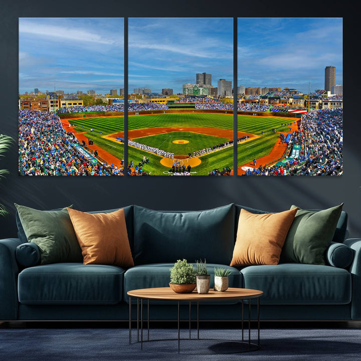 The Wrigley Field Cubs Panoramic Canvas Art hangs prominently in the modern living room.