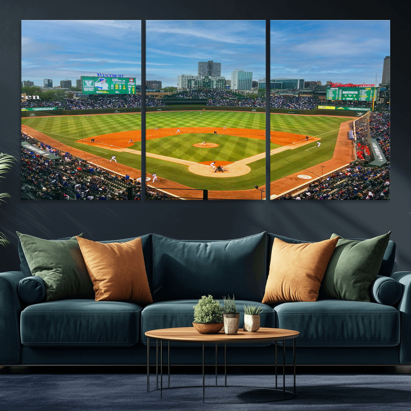 MGV-CV-60X30-3P - Wrigley Field Chicago Cubs Panoramic Multi Piece Canvas Wall Art - Iconic Baseball Stadium Print for