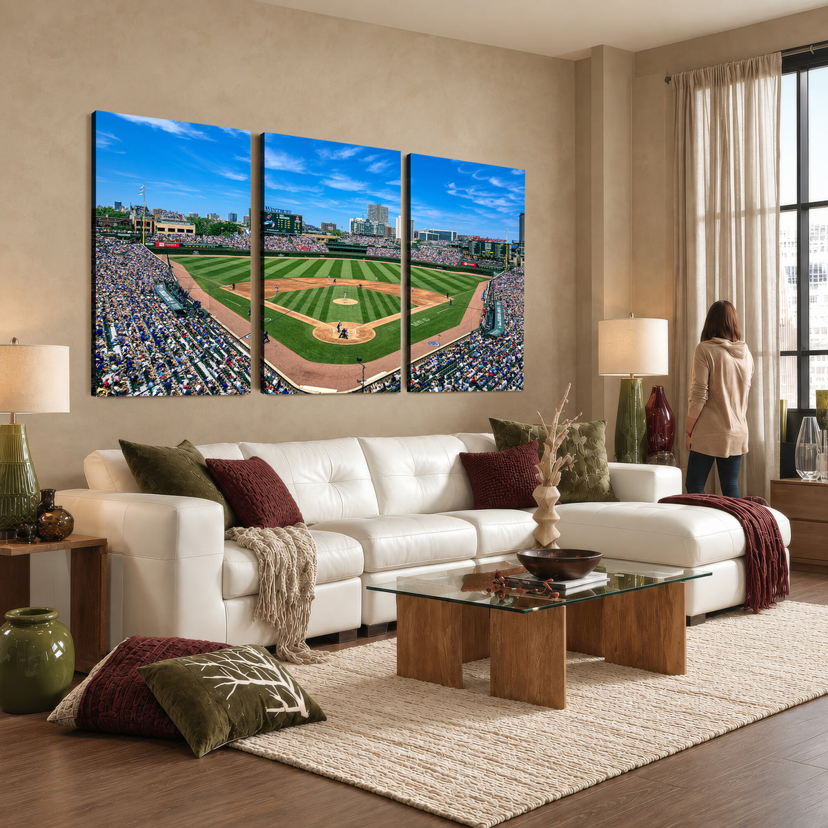 26064-MGV-CV-36X24 - Wrigley Field Chicago Cubs Wall Art Canvas Print Framed Panoramic Multi-Piece Iconic Baseball Stadium Artwork for Home, Office