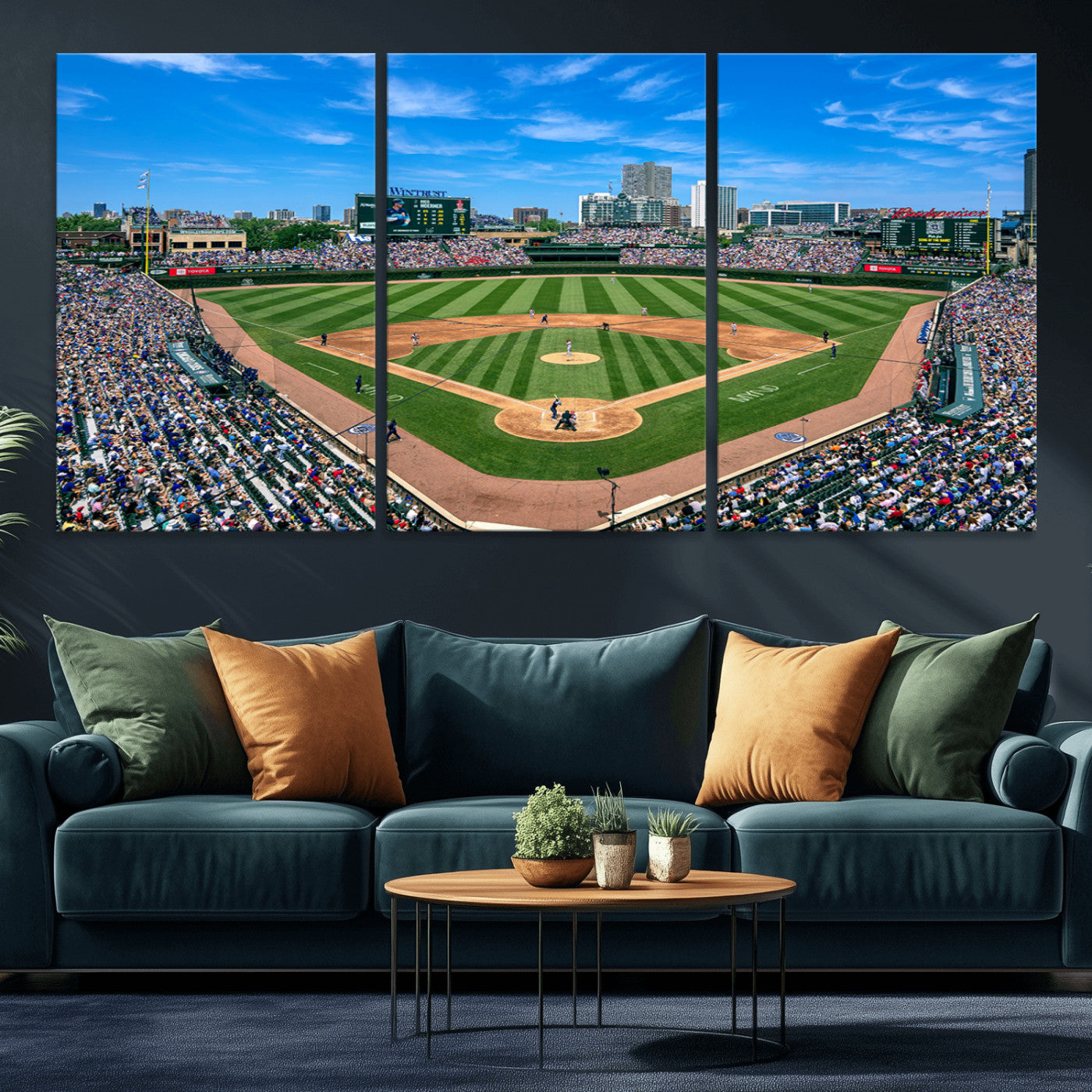 26064-MGV-CV-30X20-Framed Wrigley Field Chicago Cubs Print, Panoramic Multi Piece Canvas Wall Art - Iconic Baseball Stadium Print for Sports Lovers - Ready to