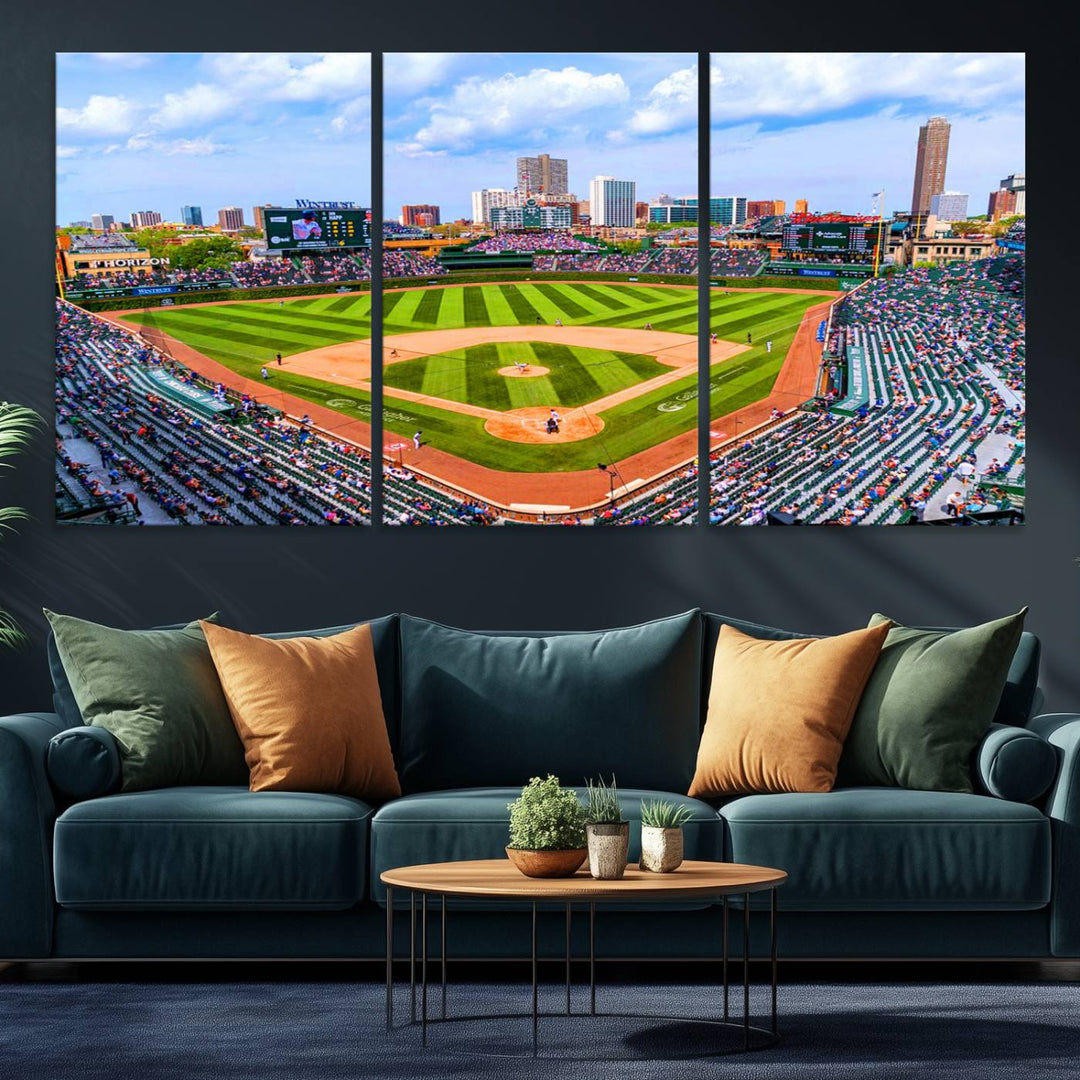 A 3-piece panoramic canvas wall art showcases an aerial view of a packed Chicago Cubs game at Wrigley Field, perfect for sports lovers.