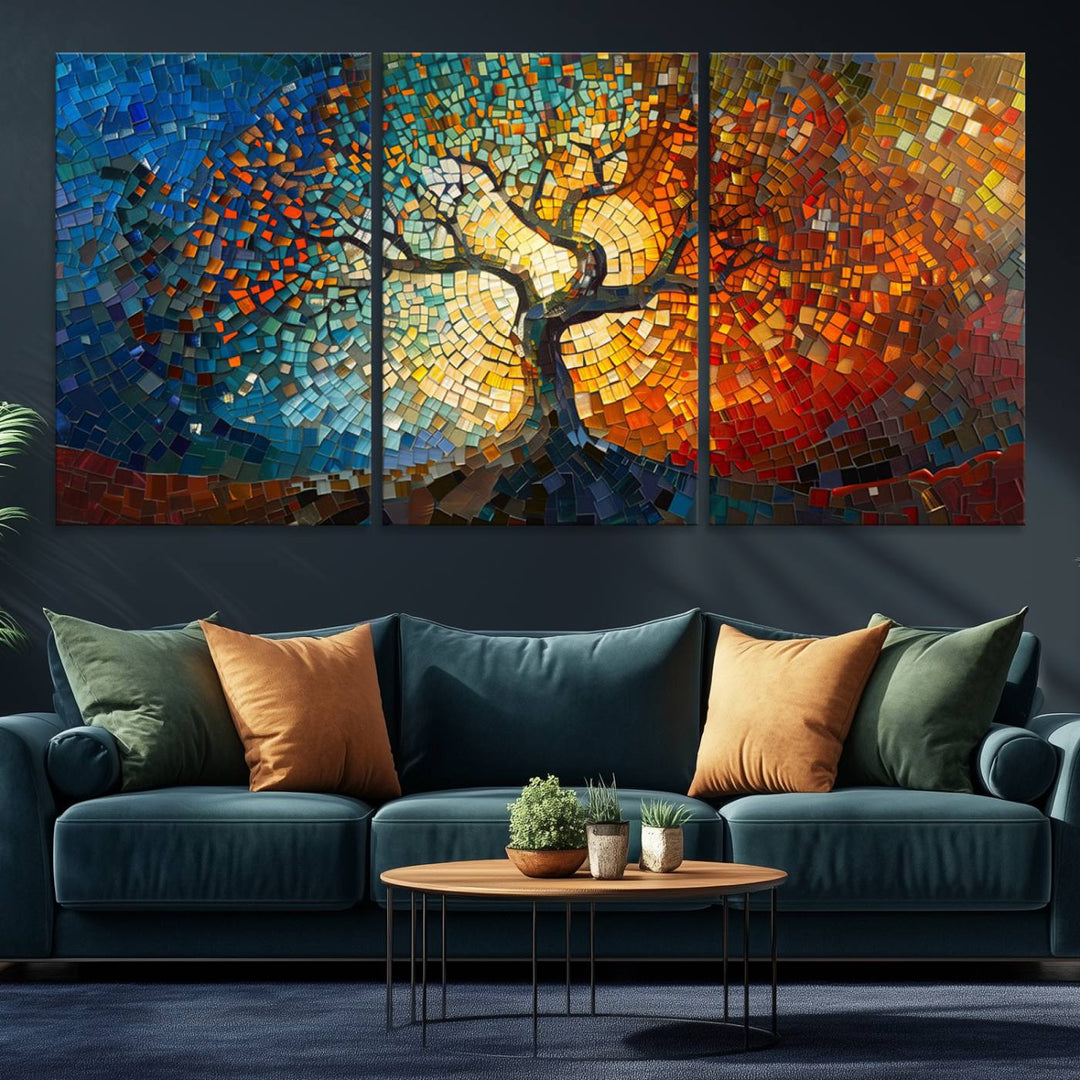 Mosaic Tree Canvas Wall Art: A stunning stained glass-inspired Tree of Life featuring blue and orange swirling patterns reminiscent of a sunburst.