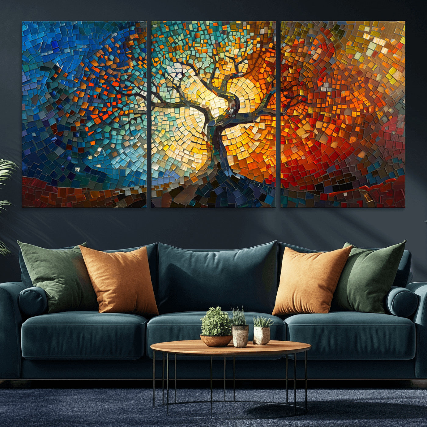 MGV-CV-60X30-3P - Mosaic Tree Canvas Wall Art Canvas Print – Vibrant Stained Glass-Inspired Tree of Life - Ready to
