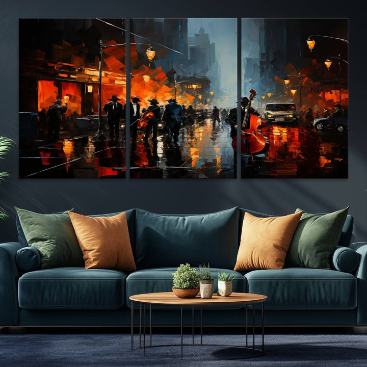 Framed Abstract Music Canvas: Jazz musicians on a rainy city street at night, with warm lights reflecting on wet pavement.