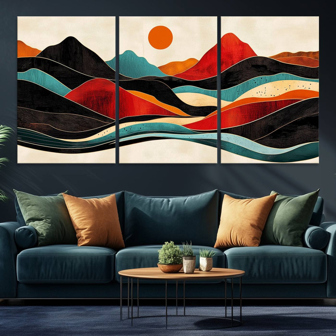 The Colorful Western Triptych Canvas features a vibrant mountain and sun design, making it perfect for modern kitchens or log cabin walls.