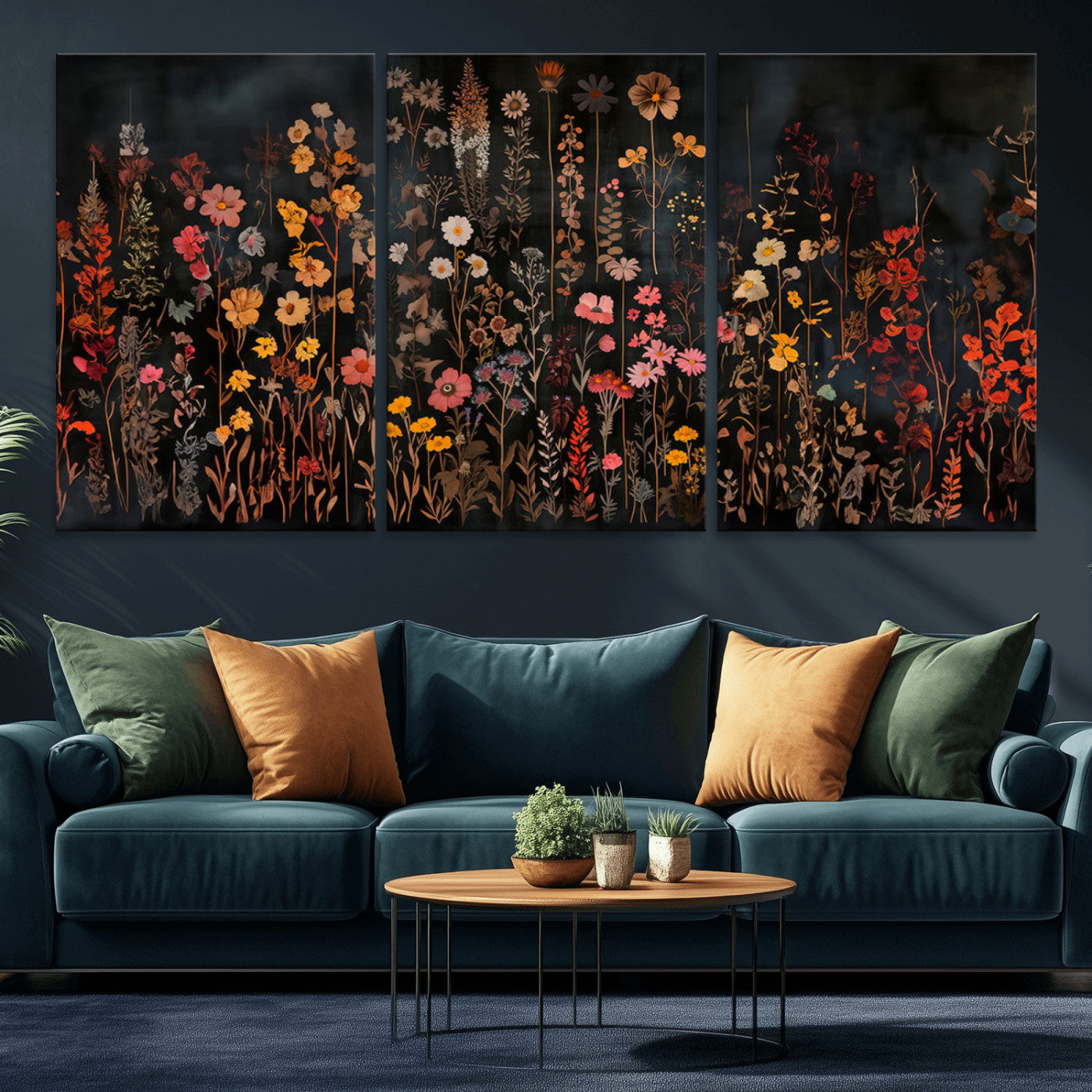 MGV-CV-60X30-3P - Dark Floral Canvas Wall Art - Moody Botanical Flower Print - Rustic Floral Wall Decor for Home -