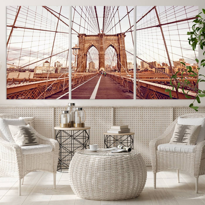 The three-panel "Wall Art New York Manhattan Cityscape Canvas Print" of the Brooklyn Bridge makes an ideal addition to minimalist interiors, capturing the essence of abstract expressionism.