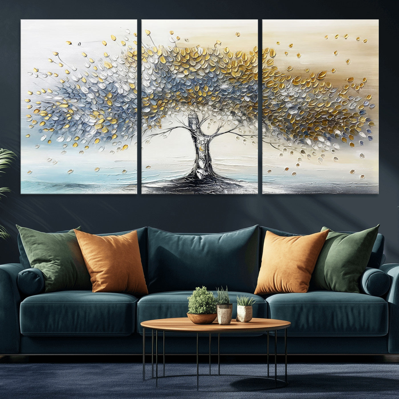 An elegant impasto painting featuring a tree with shimmering silver and gold leaves, blending soft pastels to create a calm and sophisticated atmosphere.
