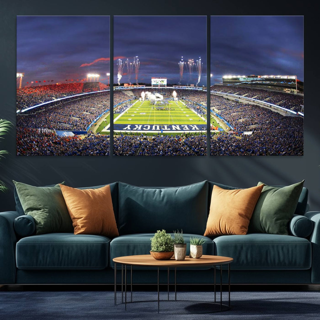 A filled stadium at dusk and fireworks overhead are beautifully captured in the Kroger Field Canvas Wall Art - Sunset Football Stadium Decor.