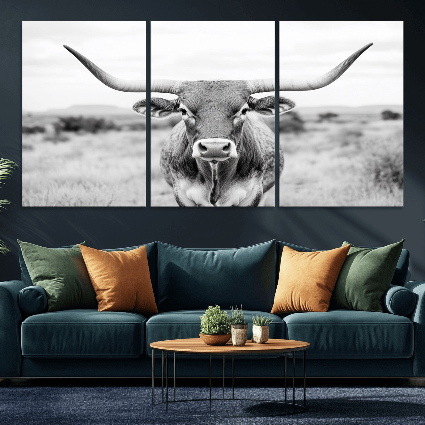 MGV-CV-60X30-3P - Highland Cow Wall Art Print - Black and White Texas Western Longhorn Canvas - Farmhouse Decor Print