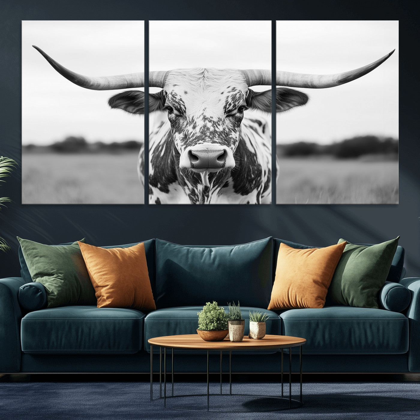 MGV-CV-60X30-3P - Highland Cow Wall Art - Black and White Western Longhorn Canvas Print - Farmhouse Living Room Decor