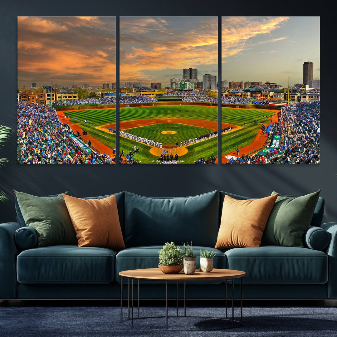 Aerial view of Wrigley Field at sunset against a vibrant sky, creating the perfect Chicago Wrigley Field Canvas Wall Art.