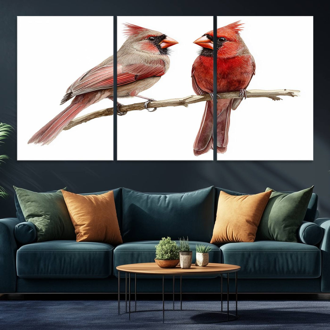 The Cardinal Bird Canvas Wall Art showcases two cardinals on a branch.