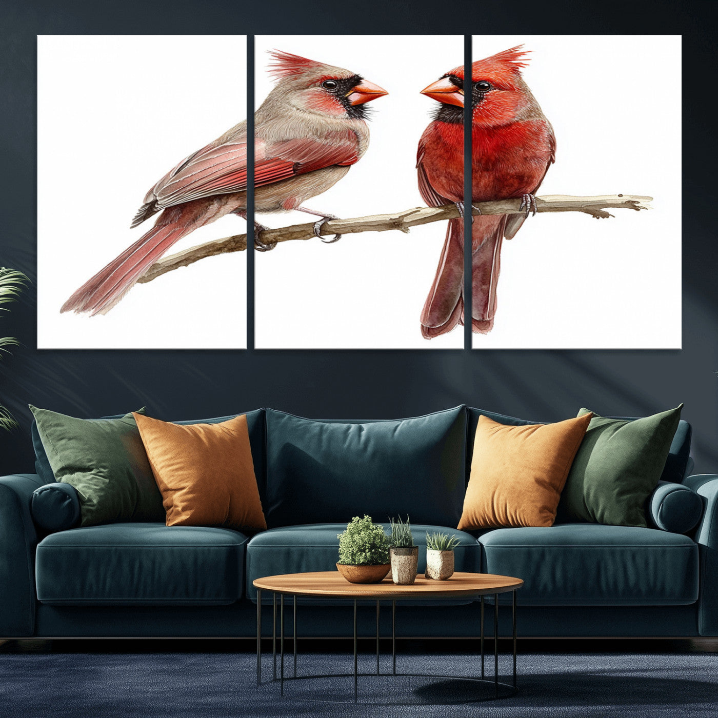 MGV-CV-60X30-3P - Cardinal Bird Canvas Wall Art - Male and Female Cardinal Print - Abstract Bird Wall Decor for Home -