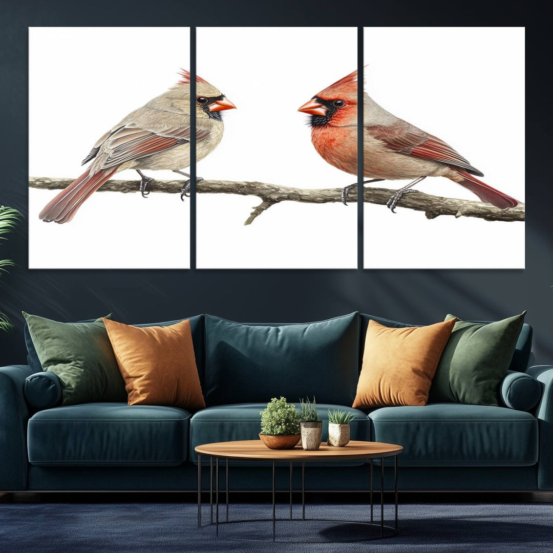 A Cardinal Canvas Wall Art print of cardinals on a branch hangs prominently.