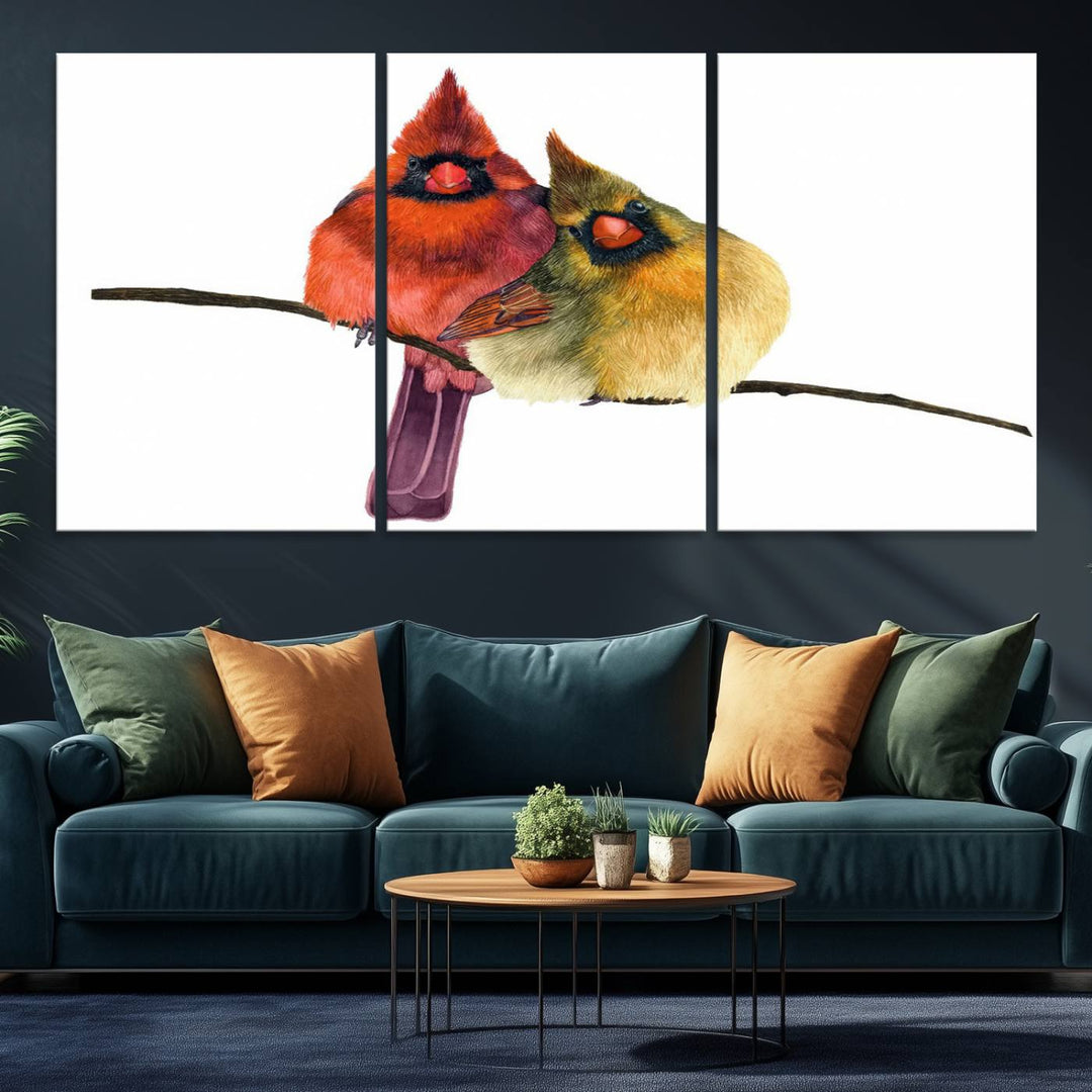 The Cardinal Bird Canvas Wall Art showcases vibrant male and female cardinals, capturing the beauty of nature in vivid detail.