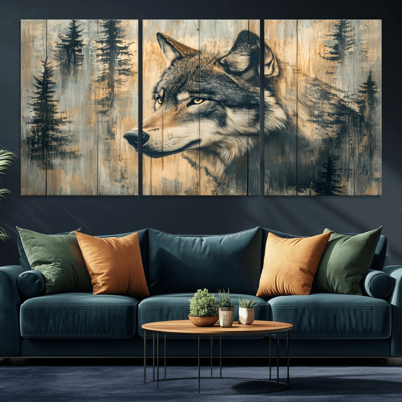 MGV-CV-60X30-3P - Wood Style Rustic Wolf Wall Art Canvas Print, Vintage Woodland Wolf Wall Art, Framed Wood Style Wolf