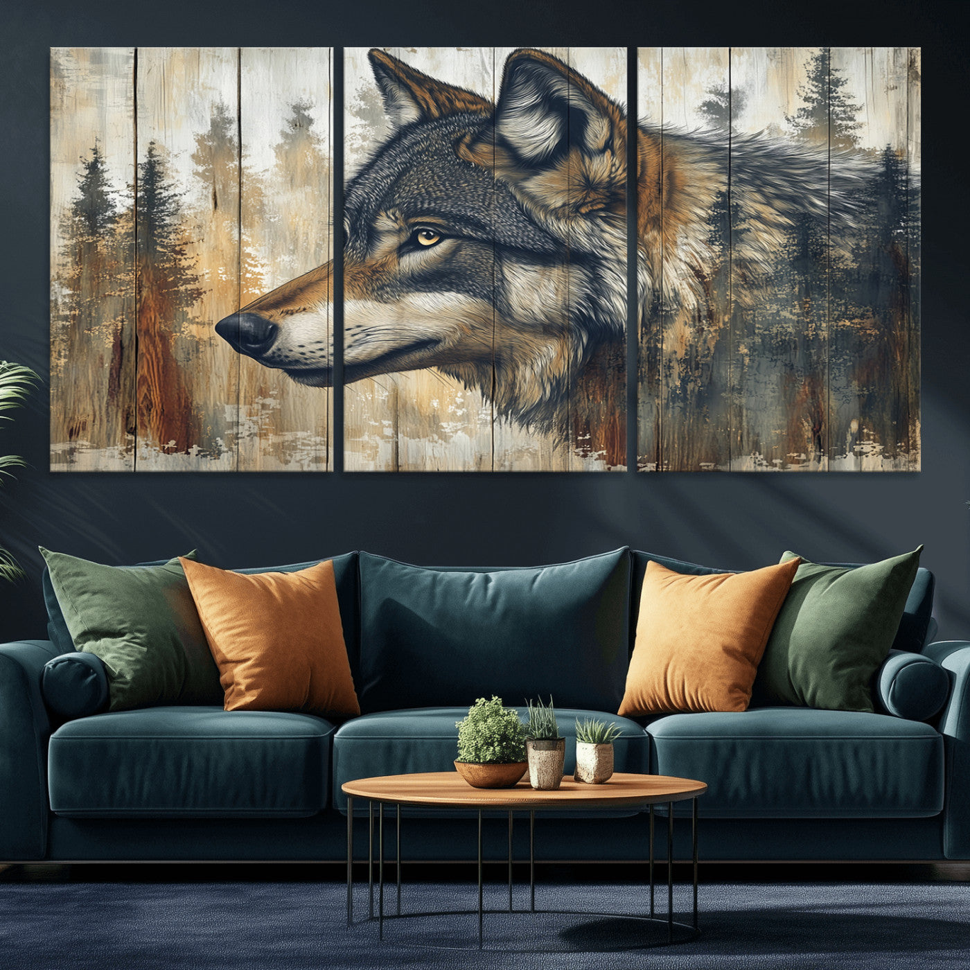 MGV-CV-60X30-3P - Rustic Wolf Wall Art Canvas Print, Vintage Woodland Wolf Wall Art