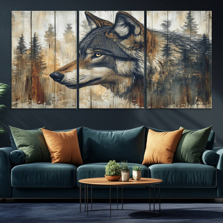 A kitchen dining area features Rustic Wolf Wall Art.