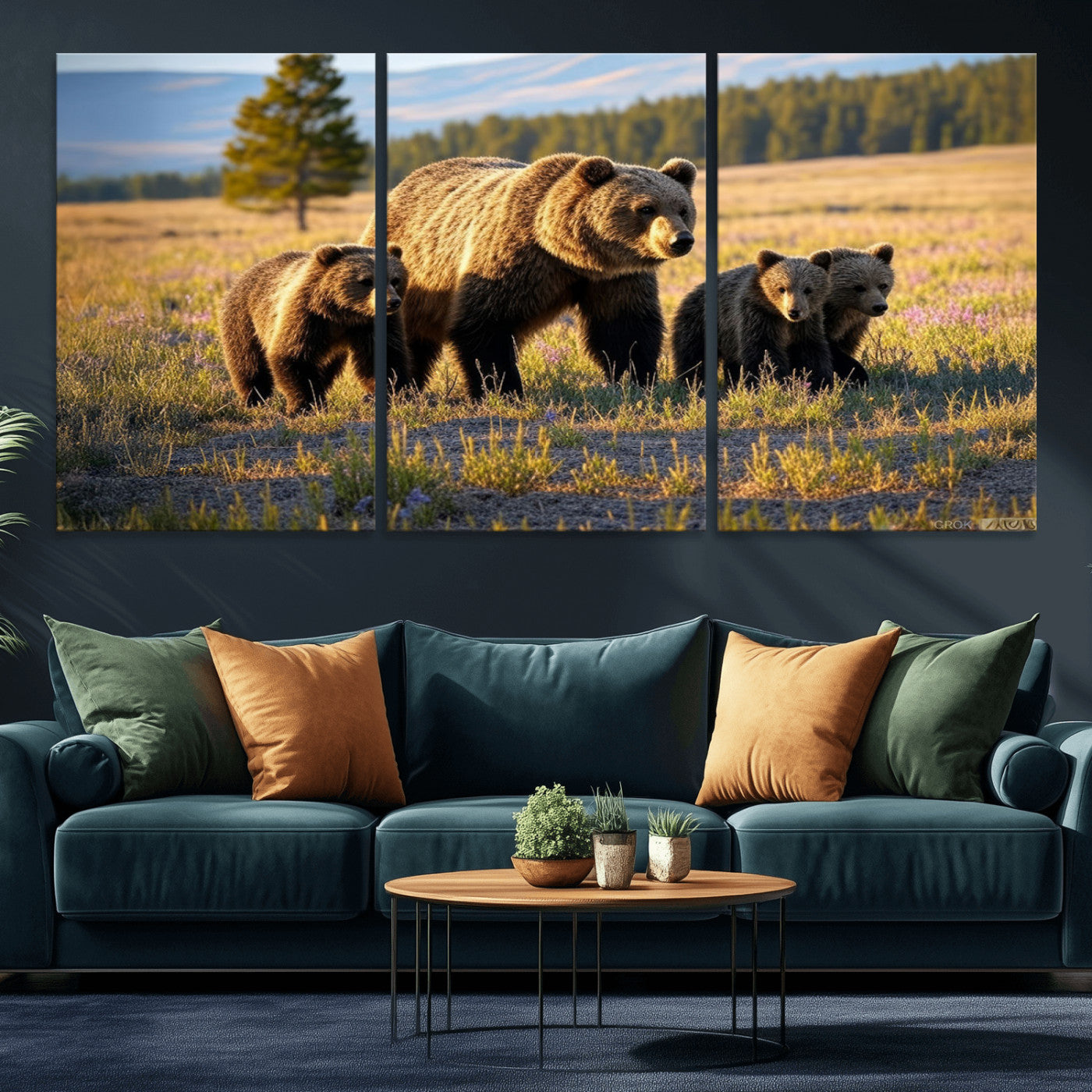 MGV-CV-60X30-3P - Grizzly 399 in Wild Flowers Wall Art Canvas Print, Grizzly Bears Wall Art, Queen of Grand Teton