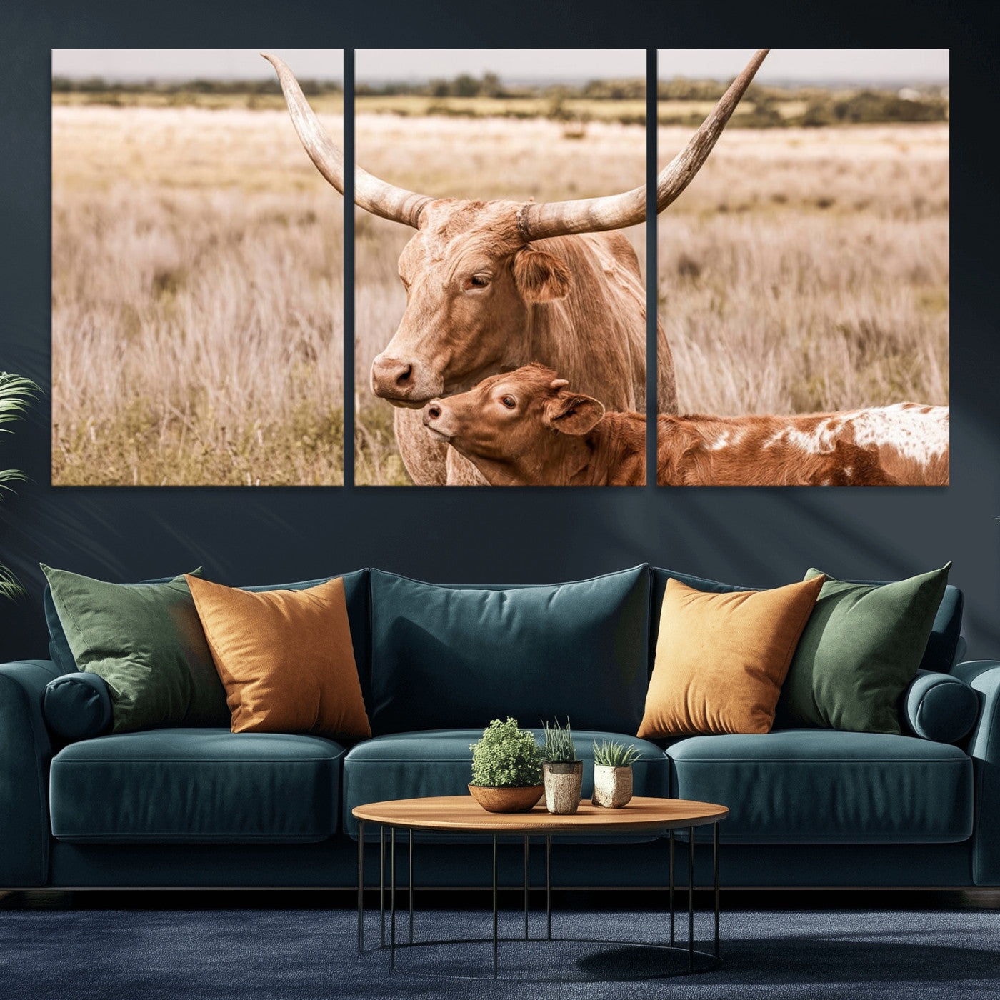 MGV-CV-60X30-3P - Texas Longhorn Cow Wall Art Canvas Print for Farmhouse Wall Art, Texas Decor, Western Wall Art Print