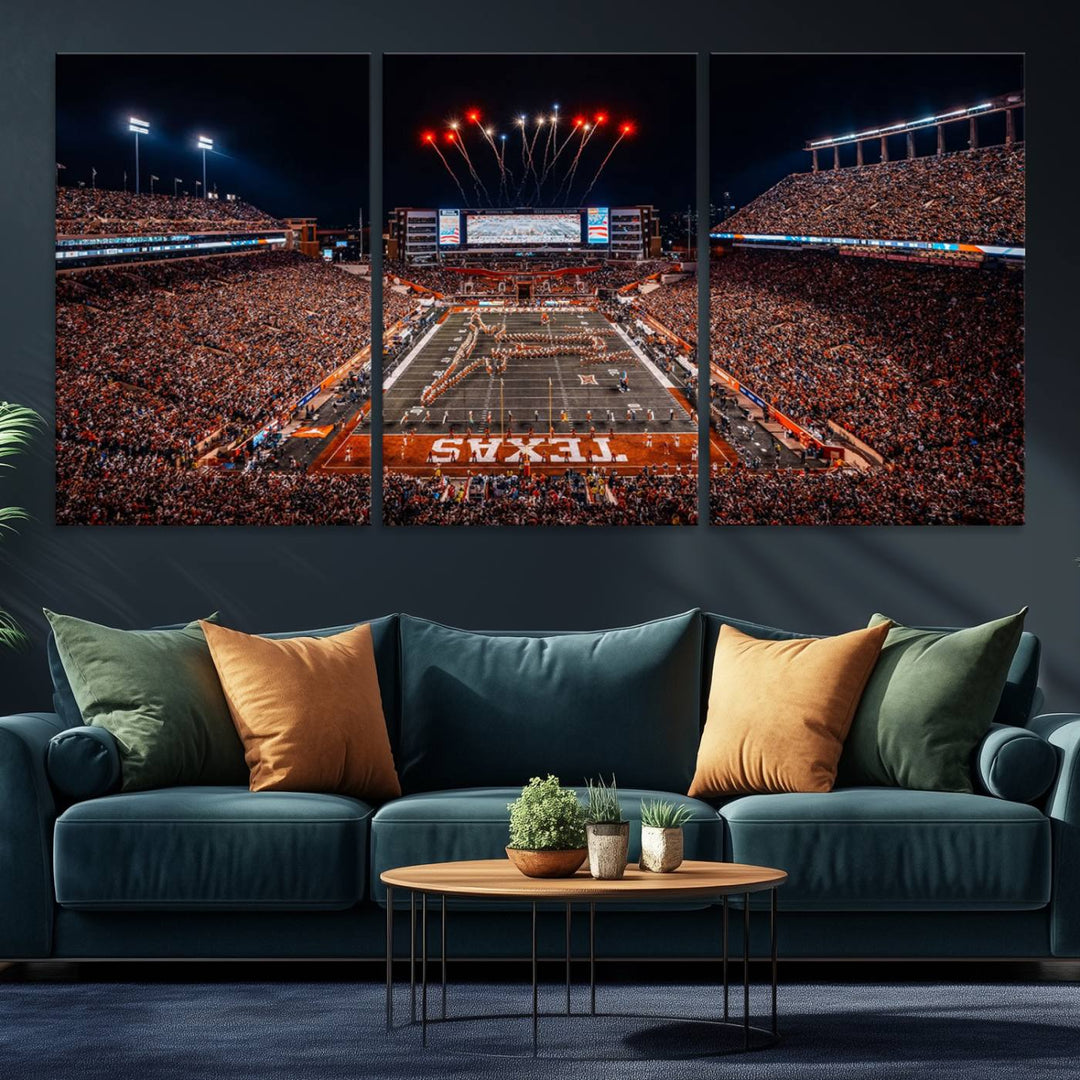 A Texas Memorial Stadium canvas print with fireworks embellishes the modern living room.