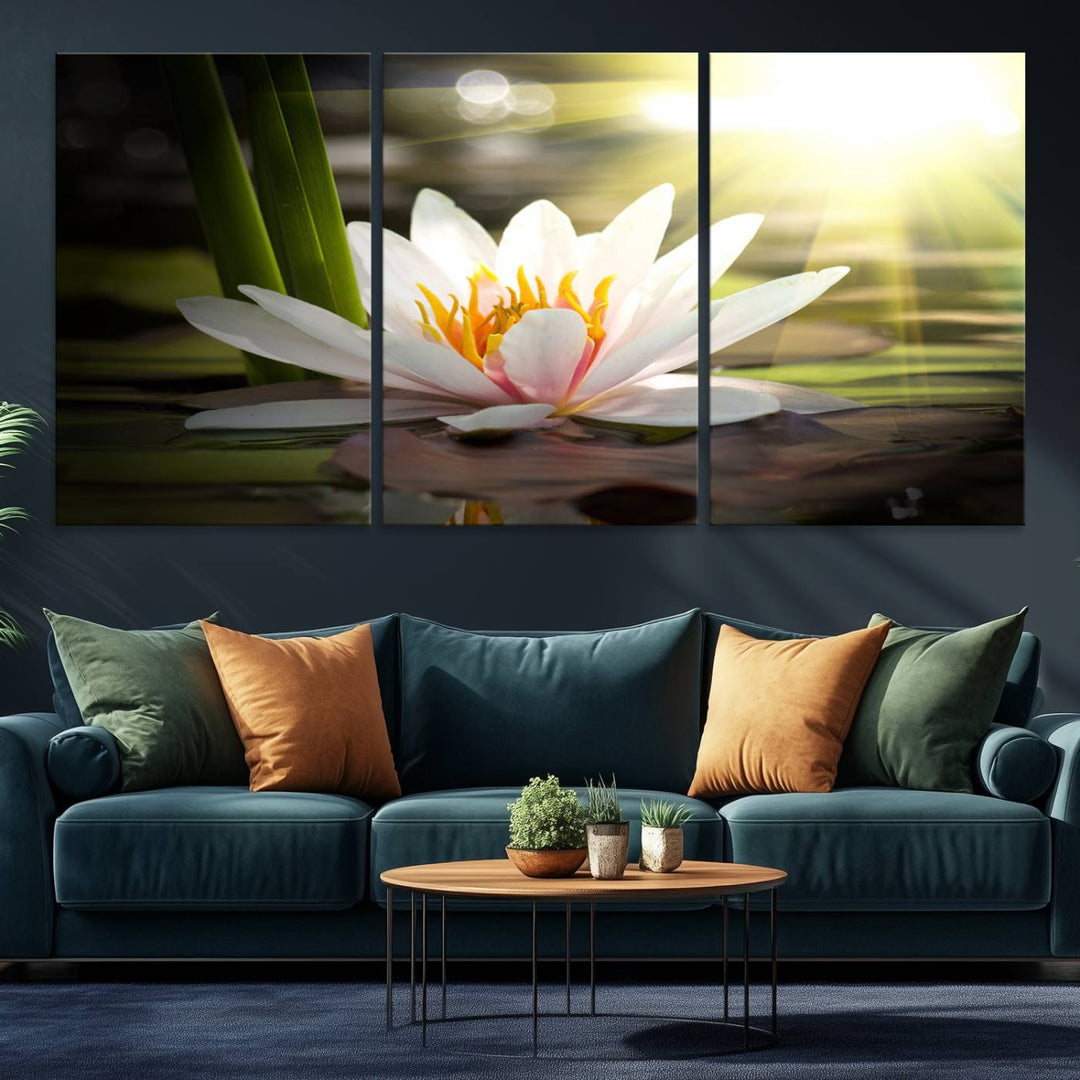 The Lotus Flower Wall Art Canvas Print showcases a white water lily with a yellow center floating gracefully in sunlight.