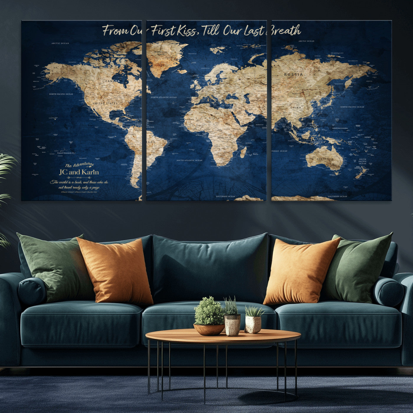 MGV-CV-60X30-3P - Push Pin World Map Canvas Print – Framed Wall Art for Couples to Track Their Travels – Anniversary