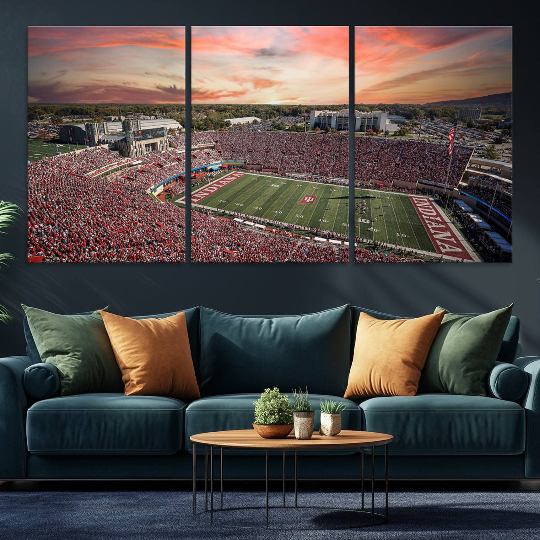 Gallery-quality Indiana Memorial Stadium Wall Art Canvas: A stunning view of the stadium at sunset.