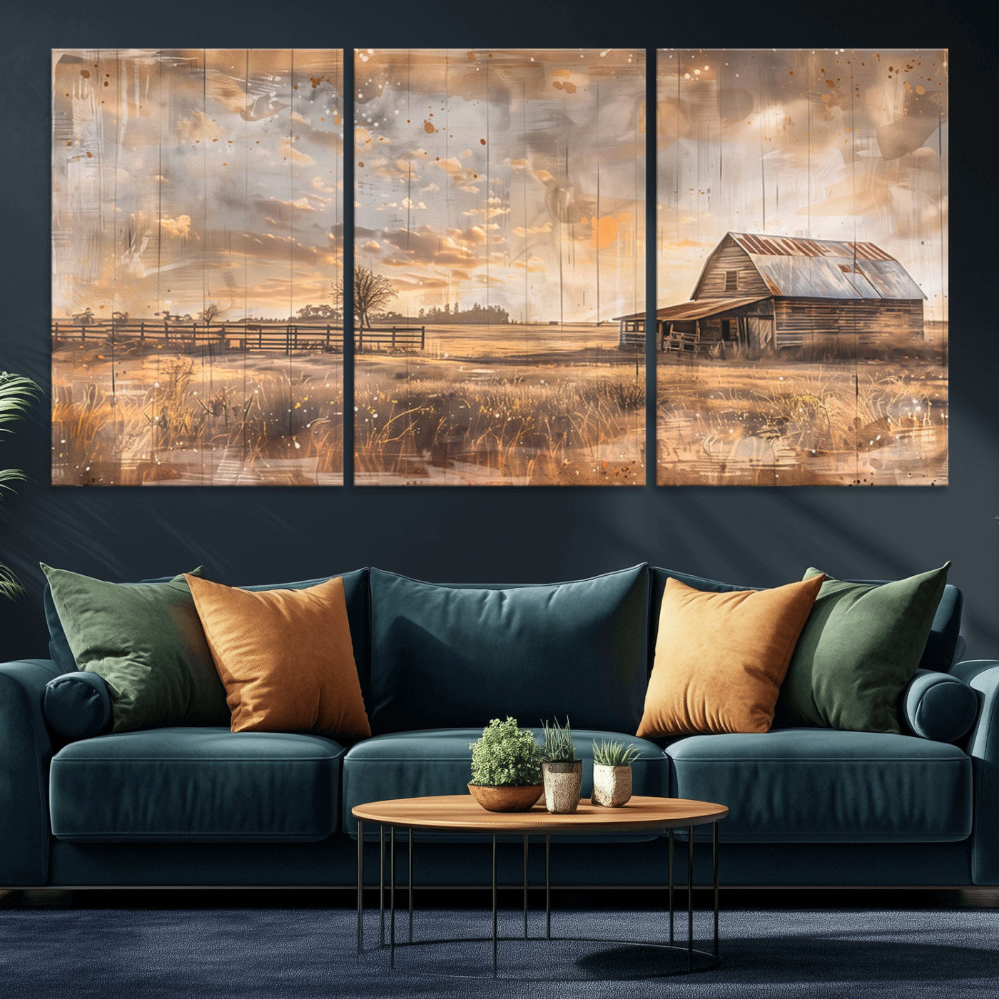 MGV-CV-60X30-3P - Rustic Farmhouse Wall Art Canvas Print | Barn and Field Canvas Print | Vintage Country Landscape