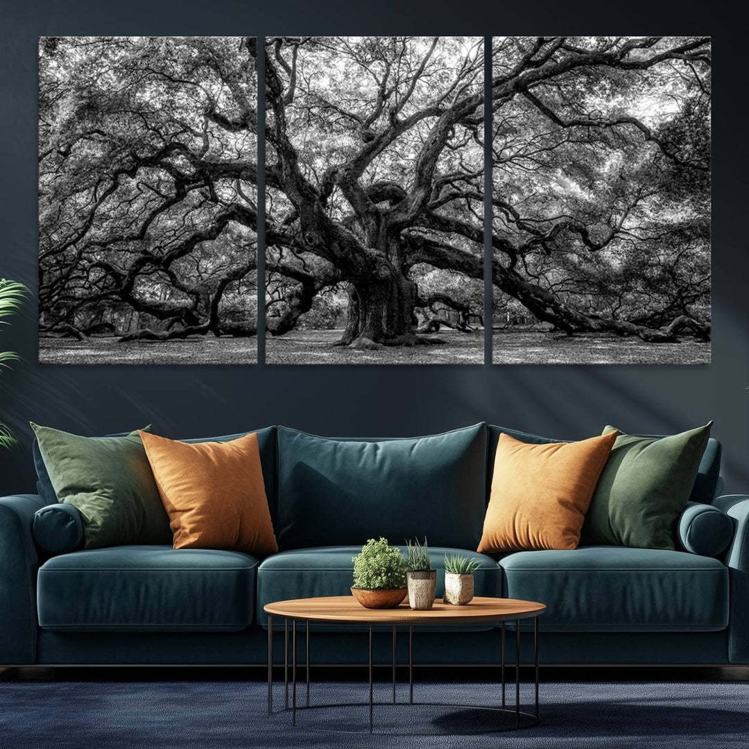 The Black and White Old Angel Oak Tree Canvas Print enhances the modern dining room.