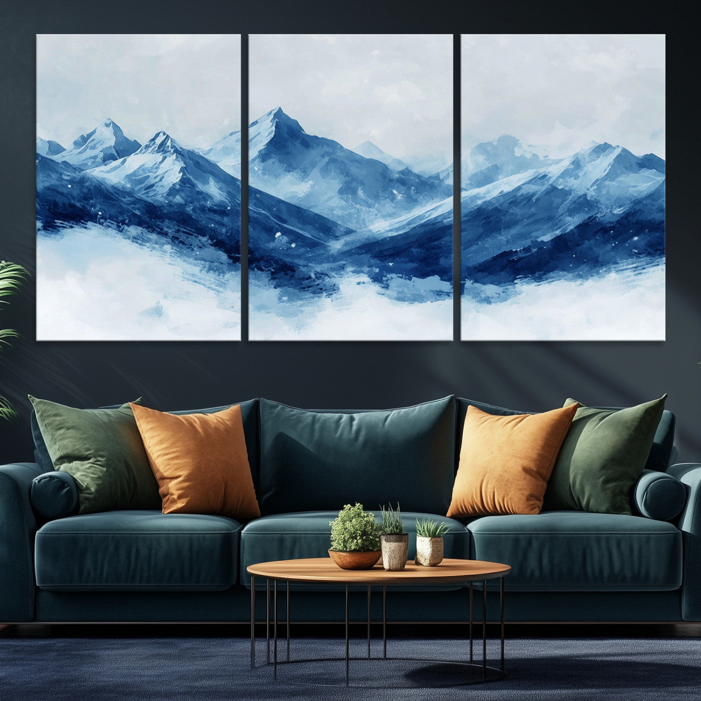 Peaceful watercolor-style painting of snowy blue mountains in soft tones, perfect for winter-themed or minimalist wall decor.