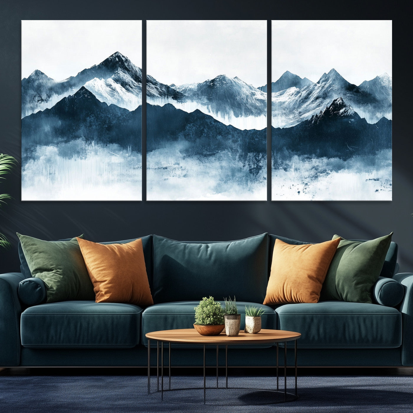 Abstract blue-toned canvas of snowy mountains in misty tones, ideal for minimalist or moody alpine-inspired home decor.