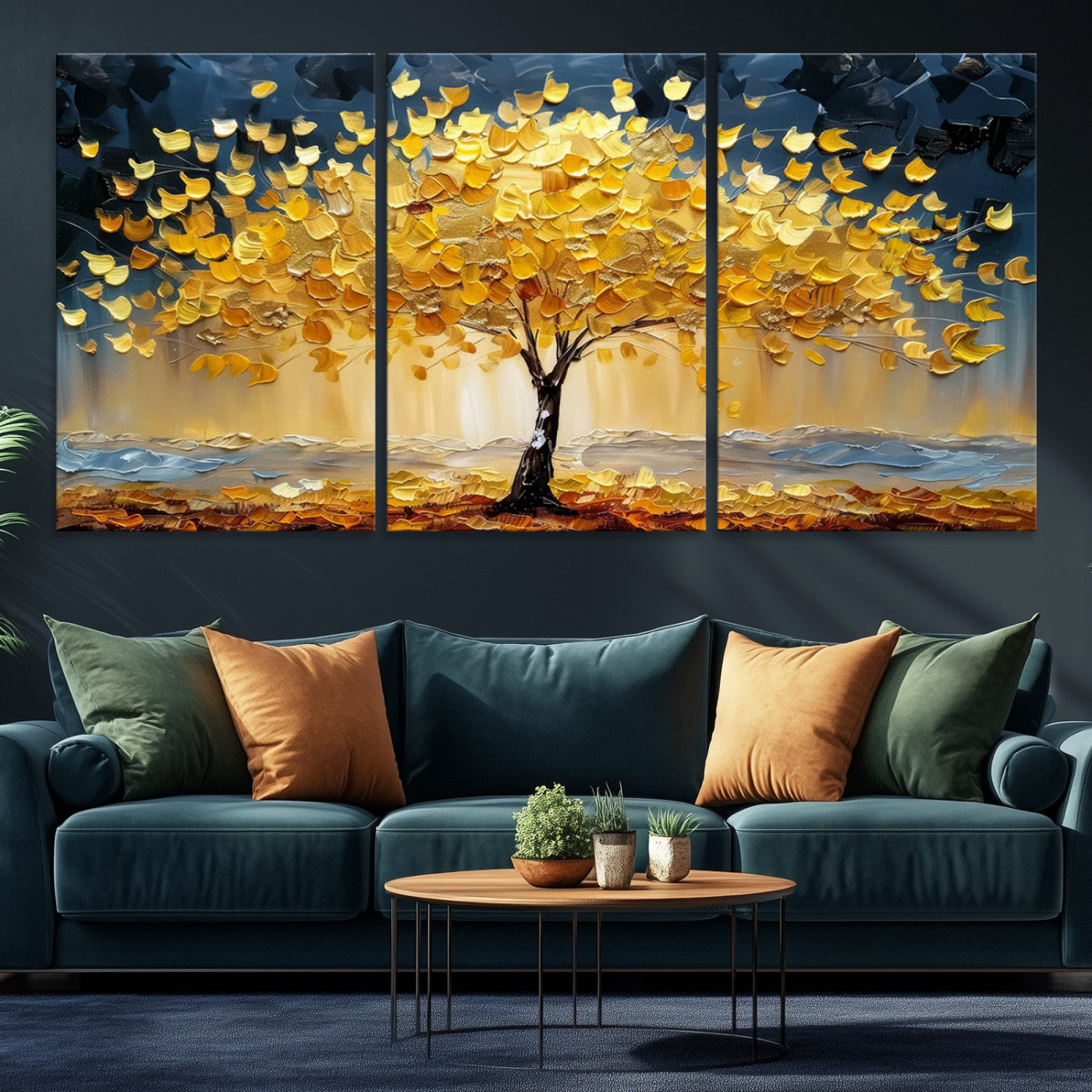 Canvas of a golden autumn tree with textured brushstrokes and moody blue skies, perfect for dramatic and vibrant home decor.