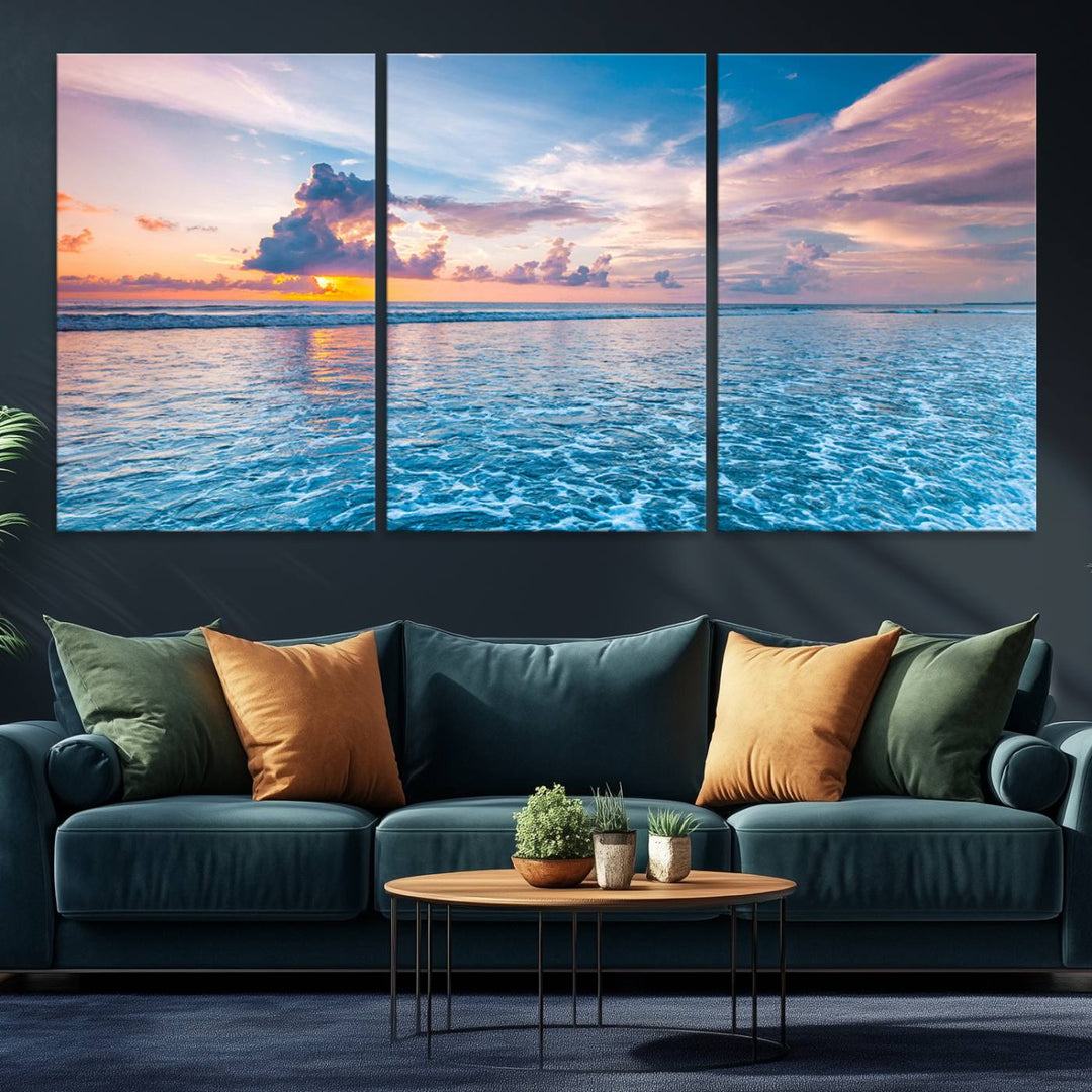 An Ocean Sunset Canvas Wall Art depicting a vibrant sky and rolling waves.