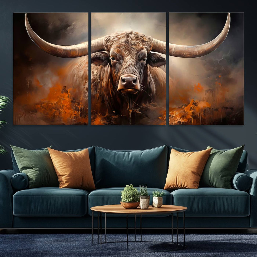 A Highland Bull with striking horns is depicted in a fiery abstract style on a ready-to-hang wall art canvas, evoking strength.