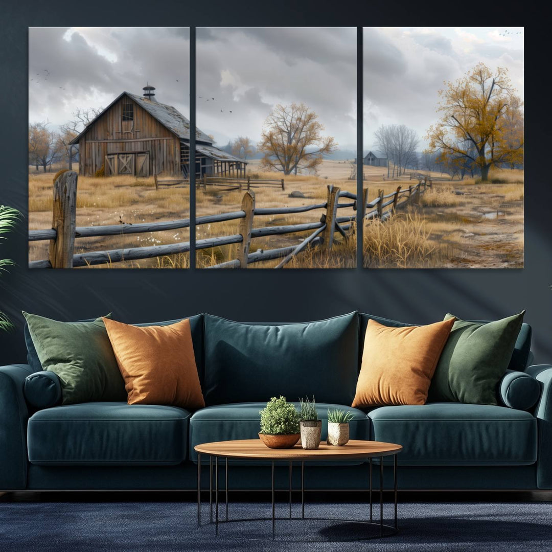 Rustic Autumn Farmhouse Wall Art – Weathered Barn & Trees Canvas Print, featuring a serene scene with birds in the sky. This piece is ready to hang.