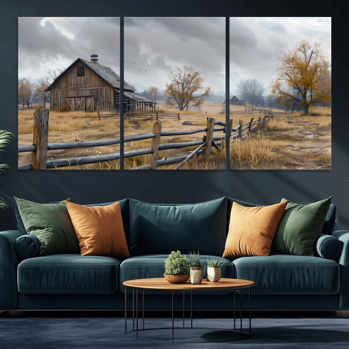 MGV-CV-60X30-3P - Rustic Autumn Farmhouse Wall Art Canvas Print – Serene Countryside Scene with Weathered Barn and