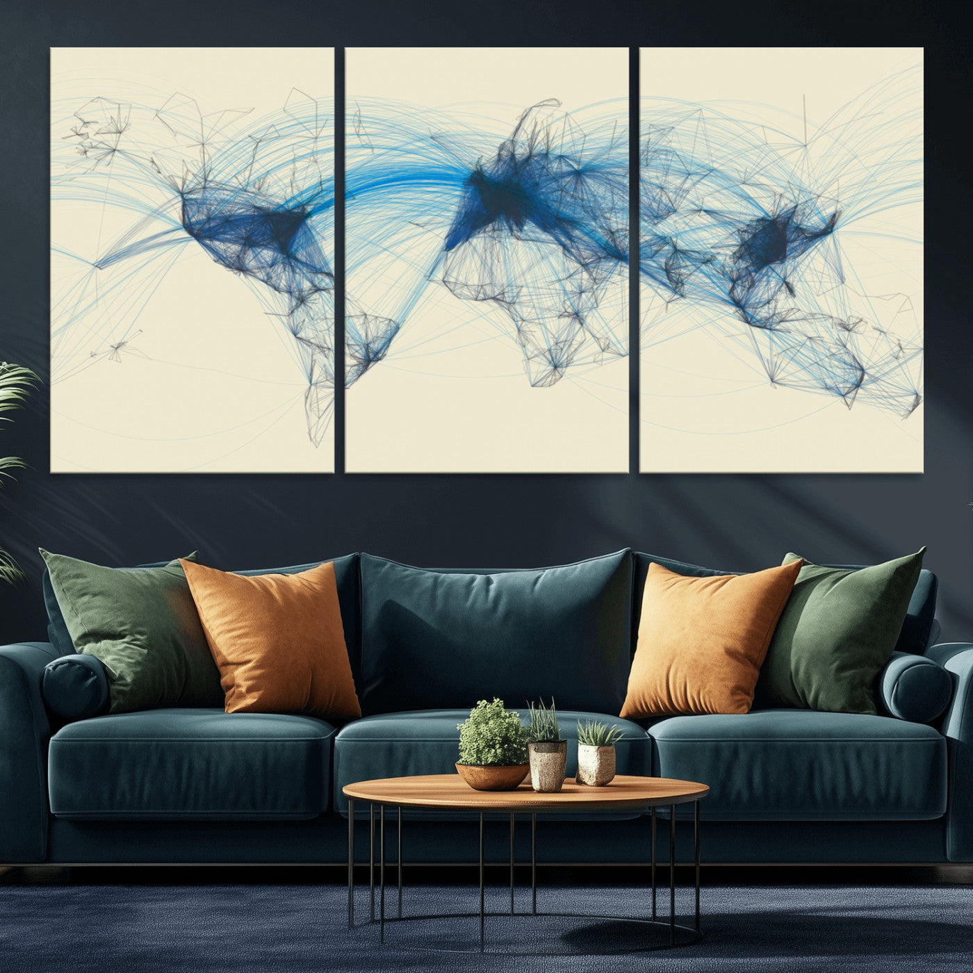 MGV-CV-60X30-3P - Flight Routes Map art Air Traffic Avi World Map with Blue Connections Canvas Wall Art – Modern