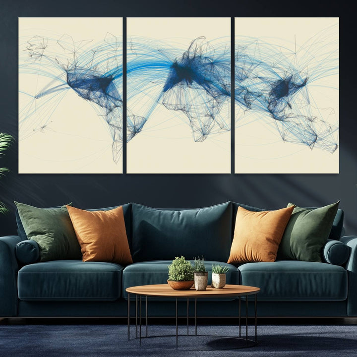 Flight Routes Map: Air Traffic Avi World Map featuring blue lines symbolizing global data. Ideal for home decor and ready to hang.