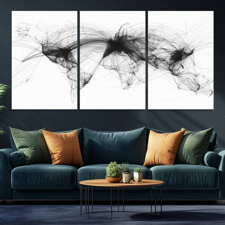 The Flight Routes Air Traffic canvas wall art, framed and ready to hang, is perfect for aviation enthusiasts.